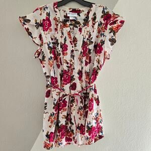 Oh! Mamma Maternity Fall Floral flutter sleeve belted blouse L